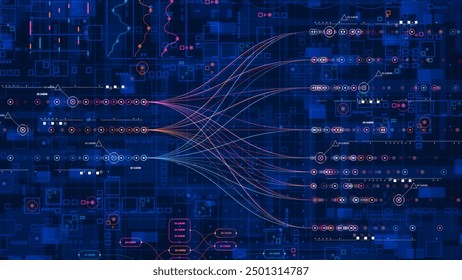 Big data technology Data science analysis artificial intelligence generative deep learning machine learning algorithm Neural flow network analytics innovation abstract futuristic. 3d rendering.