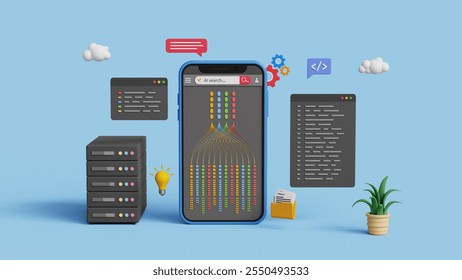Big data technology and data science concept. AI, artificial intelligence, data mining, prediction, data prediction, complex visualization and business analytics. Analyzing statistics on 3D smartphone