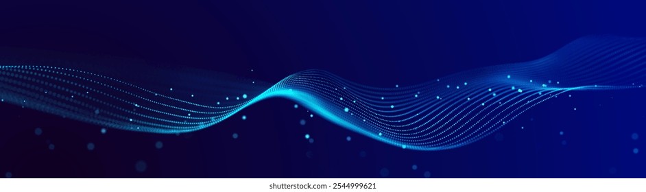 Big data visualization. The musical stream of sounds. Abstract background with interweaving of dots and lines. 3D .