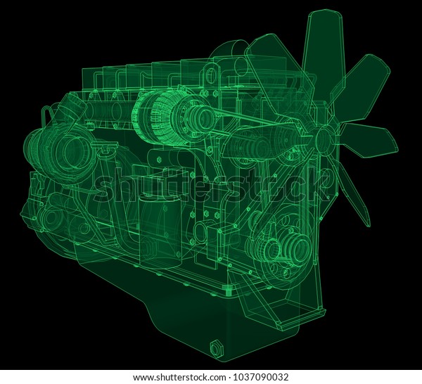 A big diesel engine with the truck depicted\
in the contour lines on graph paper. The contours of the green line\
on the black\
background.