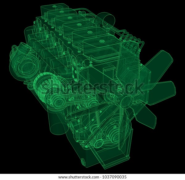 A big diesel engine with the truck depicted
in the contour lines on graph paper. The contours of the green line
on the black
background.