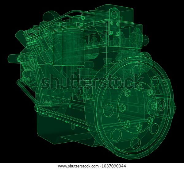 A big diesel engine with the truck depicted\
in the contour lines on graph paper. The contours of the green line\
on the black\
background.