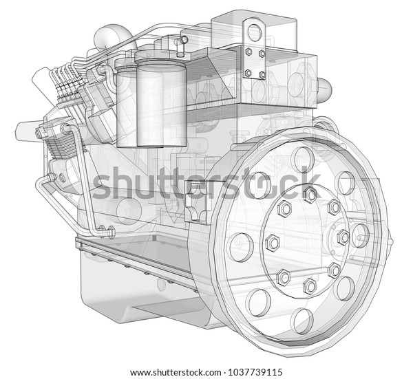A big diesel engine with the truck depicted\
in the contour lines on graph paper. The contours of the black line\
on the white\
background.
