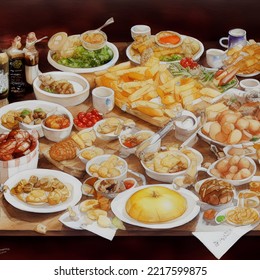 Big dinner lunch table full of delicious dishes. 3D Illustration