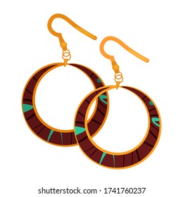 Big drop earrings. Ring shaped pendant, gold, bijouterie. Jewelry concept. illustration can be used for topics like gem store, style, accessory, fashion