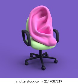 a big ear sitting in a office chair and listening, 3d illustration of psychoanalysis practice 