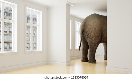 Big elephant in apartment as a funny lack of space and pet concept (3D Rendering)