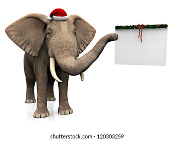 A big elephant holding a blank Christmas decorated sign in its trunk and wearing a Santa hat. White background.