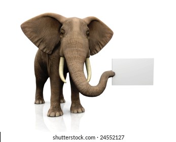 A big elephant holding a blank sign in it's trunk.