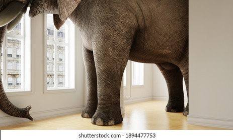 Big Elephant In The Small Room As A Funny Space Problem Concept (3d Rendering)