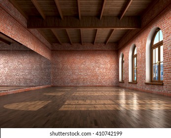 Big Empty Room In Grange Style With Wooden Floor, Bricks Wall, Big Windows And Mirrow. Dance Studio. 3d Illustration