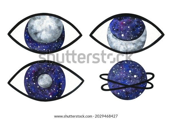 big eye with a planet, the moon and space. Stylish\
watercolor illustration. A mysterious abstract clipart isolated on\
a white background. The decorative pupil is blue-purple in color.\
