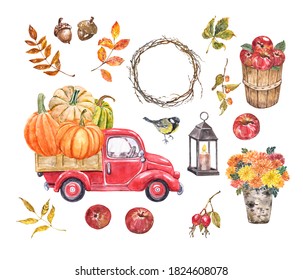 Big fall symbols set  Watercolor pumpkin harvest truck  fall decorations  apples in wood basket  autumn plants   leaves  bird  wreath  isolated white background  Thanksgiving illustration