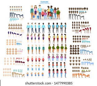 Big Family Character Set For The Animation With Various Views, Hairstyle, Emotion, Pose And Gesture. African American Mother, Father And Children. Isolated  Illustration In Cartoon Style