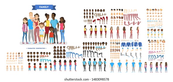 Big Family Character Set For The Animation With Various Views, Hairstyle, Emotion, Pose And Gesture. African American Mother, Father And Children. Isolated Illustration In Cartoon Style