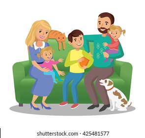 Big family on sofa. Happy family portrait, smiling parents and kids. Concept happy family, family in love. - Powered by Shutterstock