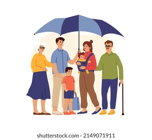 Big Family Under Giant Umbrella. Safety Concept. Grandparents, Parents And Children. Man With Wife, Little Baby. Life And Health Insurance Metaphor