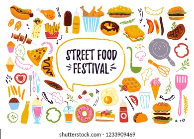 Big fast food festival set isolated on white background: burger, dessert, pizza, hotdog, chicken etc. Hand drawn sketch style, chalkboard drawing. Good for menu, banner, poster, flayer design. - Powered by Shutterstock