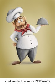 Big fat cartoon chef with tray in white uniform. Italian cook with moustache. Yellow background.