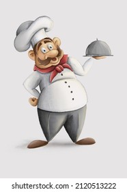 Big fat cook with plate in white uniform. Cartoon italian chef with moustache. White background.