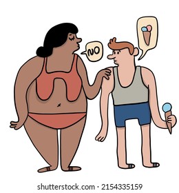a big fat woman in a bathing suit tells her man no to the desire to buy ice cream with two scoops instead of one sad skinny man white background