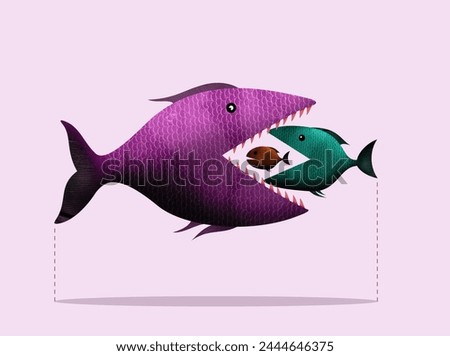 Big fish eats small, takeover of the company. Art collage.