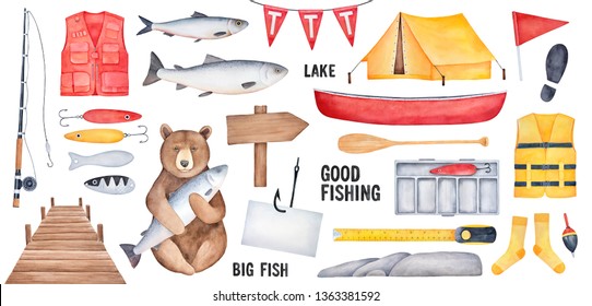 Big Fishing Collection Of Various Fishing Tools, Brown Bear Character, Yellow Tent, Wooden Signboard, Fishhook With Paper Note, Red Boat. Handdrawn Watercolour Drawing, Cutout Design Clipart Elements.