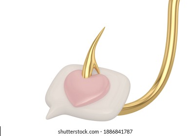 Big Fishing Hook With Heart Isolated On White Background, 3D Rendering. 3D Illustration.