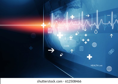 Big Flat Screen With Health Symbols And Heartbeat Diagram, Suitable For Health Care And Medical News Topic. 3d Illustration