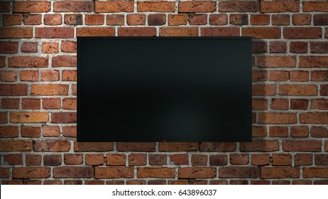 Big Flat Screen TV Hanging On Brick Wall, 3d Render