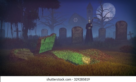 Big Full Moon Above Old Creepy Cemetery With Freshly Dug Grave And Silhouette Of A Grim Reaper. Old Church And Dead Trees In The Distance. Realistic 3D Illustration.