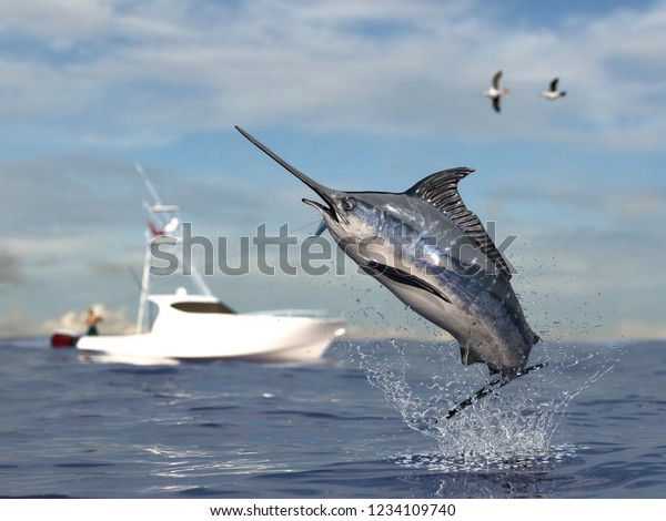 Big game fishing\
time, big swordfish marlin  jumped hooked by sport fishing angler,\
fishing boat 3d\
render