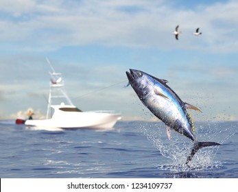 Big Game Fishing Time, Big Tuna Fish Jumped Hooked By Sport Fishing Angler, Big Game Fish Boat 3d Render