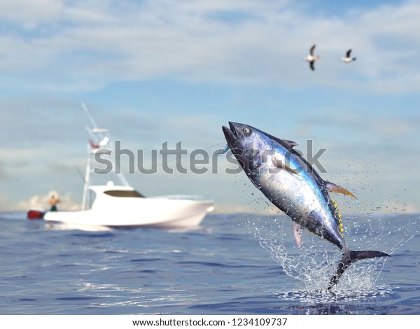 Big game fishing\
time, big tuna fish jumped hooked by sport fishing angler, big game\
fish boat 3d render