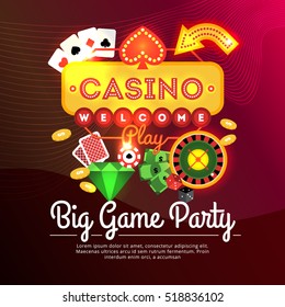 Big Game Party Casino Advertising Poster With Neon Sign And Casino Elements Flat  Illustration