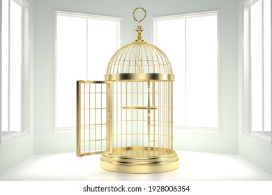 Big Golden Birdcage In The Room, 3D Rendering. 3D Illustration.