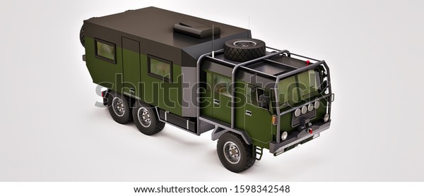 Big\
green truck prepared for long and challenging expeditions in remote\
areas. Truck with a house on wheels. 3d\
illustration.