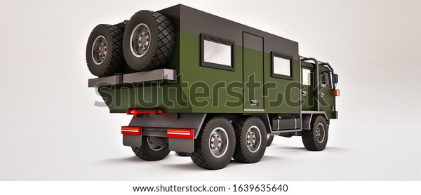 Big\
green truck prepared for long and challenging expeditions in remote\
areas. Truck with a house on wheels. 3d\
illustration.