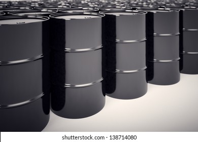 A Big Group Of Black New Oil Barrels.