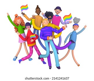 Big Group Of Diverse Cartoon People Participating In A Pride Parade. LGBT Community, Social Diversity, Gay Relationship, Large LGBT Family Group. Trendy 3d Illustration.