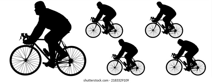 The Big Guy On A Big Bike. A Boy On A Road Bike. A Man Riding A Bicycle. Sports Logo. Sport. Sports Race. Cycling Competitions. Side View, Profile. Five Black Silhouettes Isolated On White Background