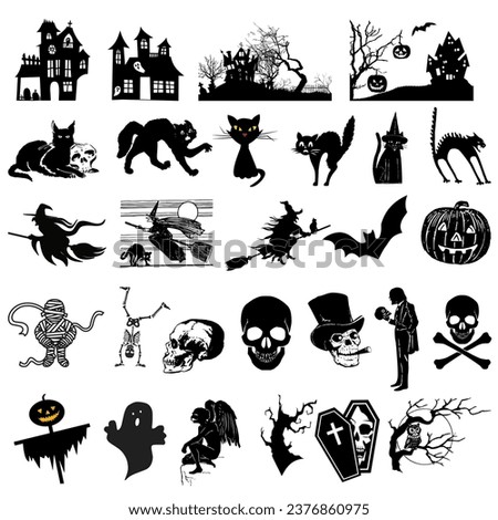 Big Halloween design elements, Big set of silhouettes of Halloween on a white background, Halloween images