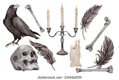 Big Halloween set: skull  candles  crow
