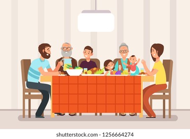 Big Happy Family Eating Lunch Together In Living Room Cartoon Illustration