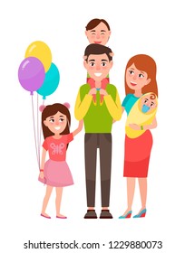 Big Happy Family Icon With Father, Mother And Their Children On White Background. Raster Illustration With Extended Family With Three Kids