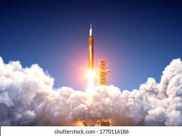 Big Heavy Rocket (Space Launch System) Launch. 3D Illustration.