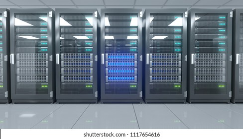 Big High Tech Server Data Center With Reflective Floor And A Lot Of Servers Artificial Intelligence Concept. 3D Rendering Illustration