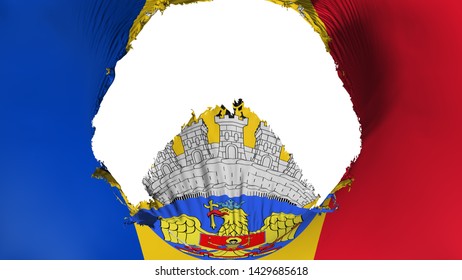 Big Hole In Bucharest, Capital Of Romania Flag, White Background, 3d Rendering