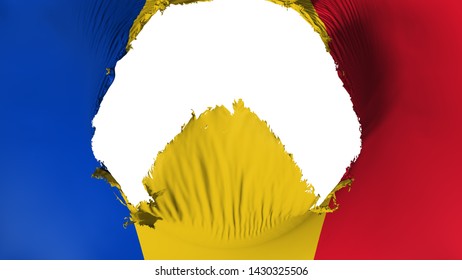 Big Hole In Romania Flag, White Background, 3d Rendering