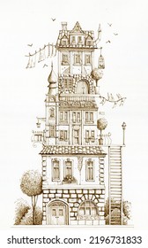 Big House With Trees, Lantern, Birdcage, Stairway, Doors And Windows. Hand Drawn Ink Pen Illustration.